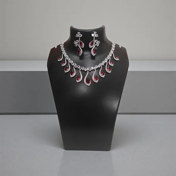 Exquisite_Ruby_red_&_White_American_Diamonds_Necklace_Set_with_Drop_Earrings_-_Silver-Plated_Cubic_Zirconia_Floral_Choker_for_Women_&_Girls