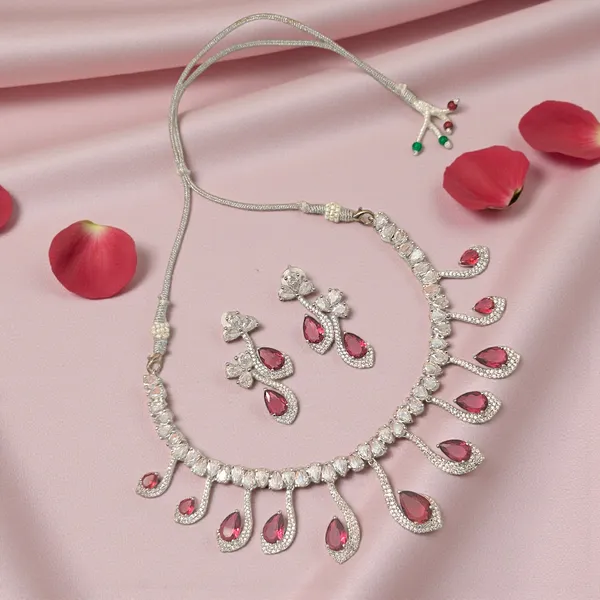 Exquisite_Ruby_red_&_White_American_Diamonds_Necklace_Set_with_Drop_Earrings_-_Silver-Plated_Cubic_Zirconia_Floral_Choker_for_Women_&_Girls