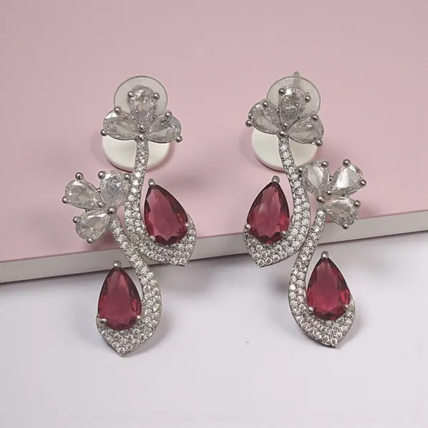 Exquisite_Ruby_red_&_White_American_Diamonds_Necklace_Set_with_Drop_Earrings_-_Silver-Plated_Cubic_Zirconia_Floral_Choker_for_Women_&_Girls