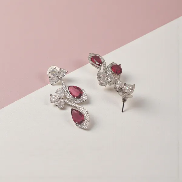 Exquisite_Ruby_red_&_White_American_Diamonds_Necklace_Set_with_Drop_Earrings_-_Silver-Plated_Cubic_Zirconia_Floral_Choker_for_Women_&_Girls