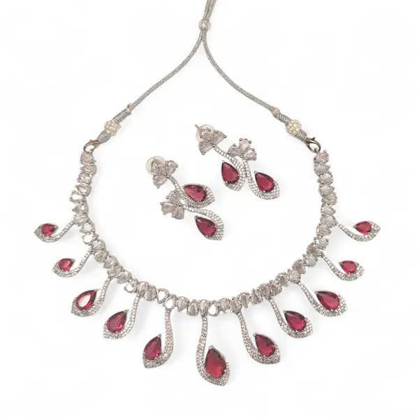 Exquisite_Ruby_red_&_White_American_Diamonds_Necklace_Set_with_Drop_Earrings_-_Silver-Plated_Cubic_Zirconia_Floral_Choker_for_Women_&_Girls