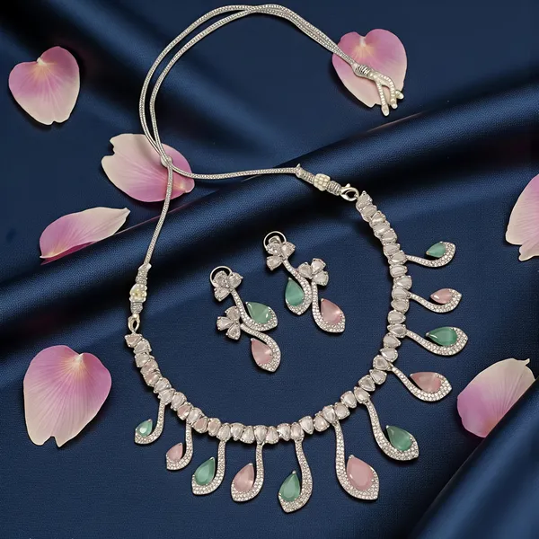 Exquisite_multicolour_American_Diamonds_Necklace_Set_with_Drop_Earrings_-_Silver-Plated_Cubic_Zirconia_Floral_Choker_for_Women_&_Girls