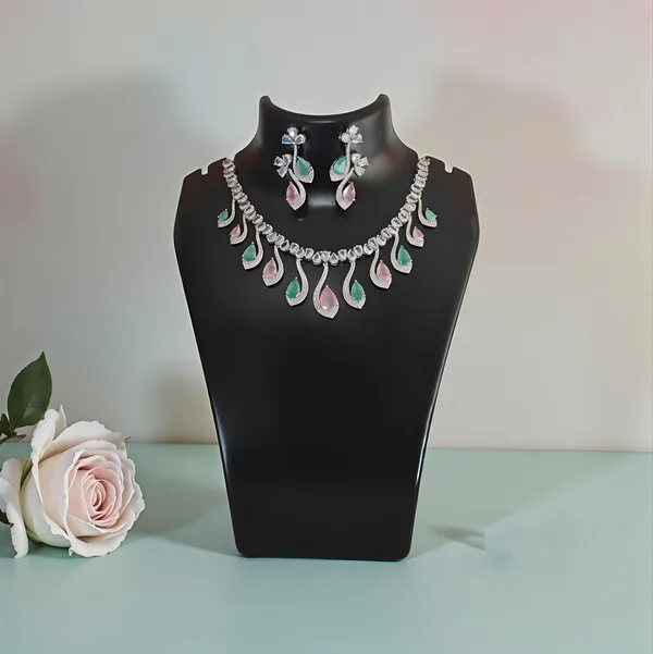 Exquisite_multicolour_American_Diamonds_Necklace_Set_with_Drop_Earrings_-_Silver-Plated_Cubic_Zirconia_Floral_Choker_for_Women_&_Girls