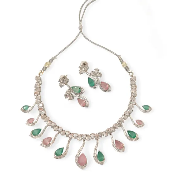 Exquisite_multicolour_American_Diamonds_Necklace_Set_with_Drop_Earrings_-_Silver-Plated_Cubic_Zirconia_Floral_Choker_for_Women_&_Girls