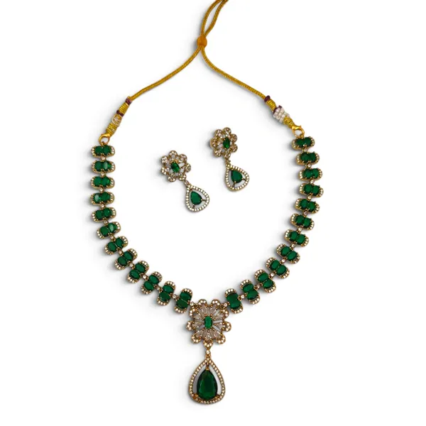 LJF_Emerald_Green_CZ_stone_American_Diamonds_Necklace_Set_for_Women_and_Girls|_Gold_Plated_Floral_Pendant_Necklace_with_Matching_Earrings