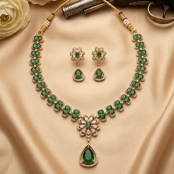 LJF_Emerald_Green_CZ_stone_American_Diamonds_Necklace_Set_for_Women_and_Girls|_Gold_Plated_Floral_Pendant_Necklace_with_Matching_Earrings
