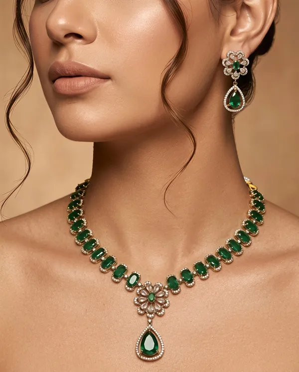 LJF_Emerald_Green_CZ_stone_American_Diamonds_Necklace_Set_for_Women_and_Girls|_Gold_Plated_Floral_Pendant_Necklace_with_Matching_Earrings