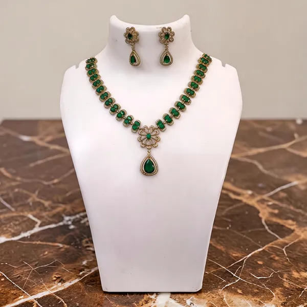 LJF_Emerald_Green_CZ_stone_American_Diamonds_Necklace_Set_for_Women_and_Girls|_Gold_Plated_Floral_Pendant_Necklace_with_Matching_Earrings