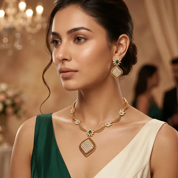 LJF_Gold_Plated_American_Diamonds_Necklace_Set_for_Women_|_Green_Stone_Floral_Pendant_Necklace_with_Matching_Earrings