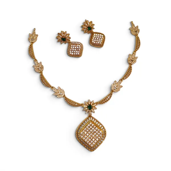 LJF_Gold_Plated_American_Diamonds_Necklace_Set_for_Women_|_Green_Stone_Floral_Pendant_Necklace_with_Matching_Earrings