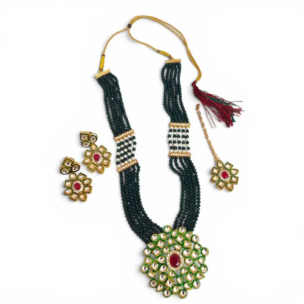 LJF_Green_Beaded_Kundan_Rajwadi_Bridal_Necklace_Set_with_Maang_Tikka_&_Earrings_for_Women_and_Girls|_Rani_Haar_Wedding_Necklace_Set