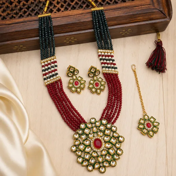 LJF_Multicolour_Beaded_Kundan_Rajwadi_Bridal_Necklace_Set_with_Maang_Tikka_&_Earrings_for_Women_and_Girls|_Rani_Haar_Wedding_Necklace_Set