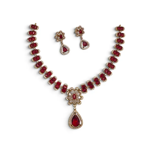 LJF_Ruby_Red_CZ_stone_American_Diamonds_Necklace_Set_for_Women_and_Girls|_Gold_Plated_Floral_Pendant_Necklace_with_Matching_Earrings