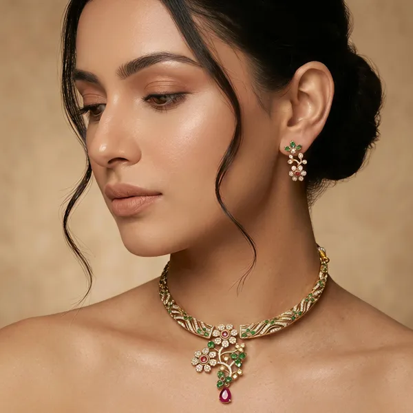 LJF_Traditional_Gold_Plated_Floral_Necklace_Set_for_Women_&_Girls_|_American_Diamonds_CZ_Stone_Choker_Necklace_with_Matching_Earrings
