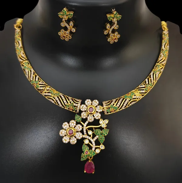 LJF_Traditional_Gold_Plated_Floral_Necklace_Set_for_Women_&_Girls_|_American_Diamonds_CZ_Stone_Choker_Necklace_with_Matching_Earrings