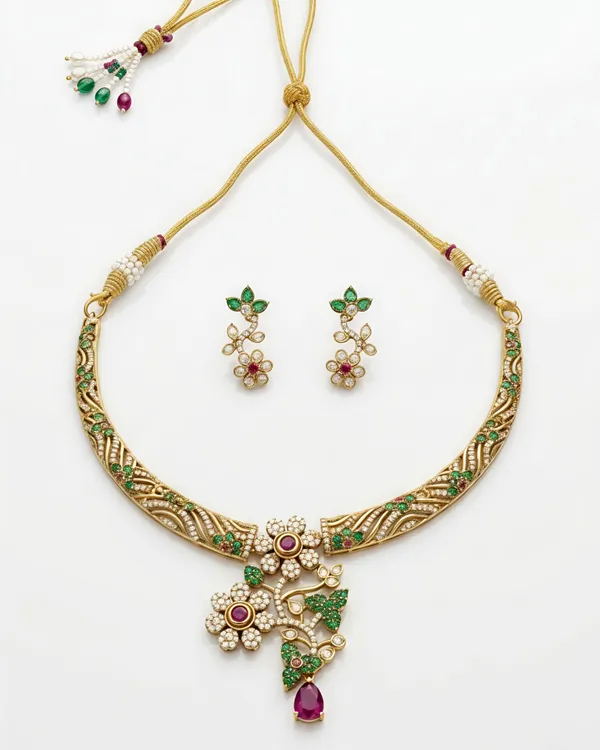 LJF_Traditional_Gold_Plated_Floral_Necklace_Set_for_Women_&_Girls_|_American_Diamonds_CZ_Stone_Choker_Necklace_with_Matching_Earrings