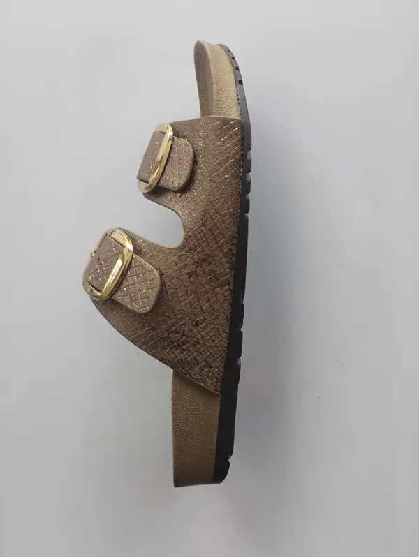 Womens_Dual_Buckle_Slide_Sandals_Bronze_Golden_Stylish_Comfortable_Casual_Wear