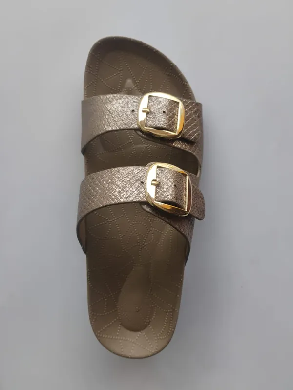 Womens_Dual_Buckle_Slide_Sandals_Bronze_Golden_Stylish_Comfortable_Casual_Wear