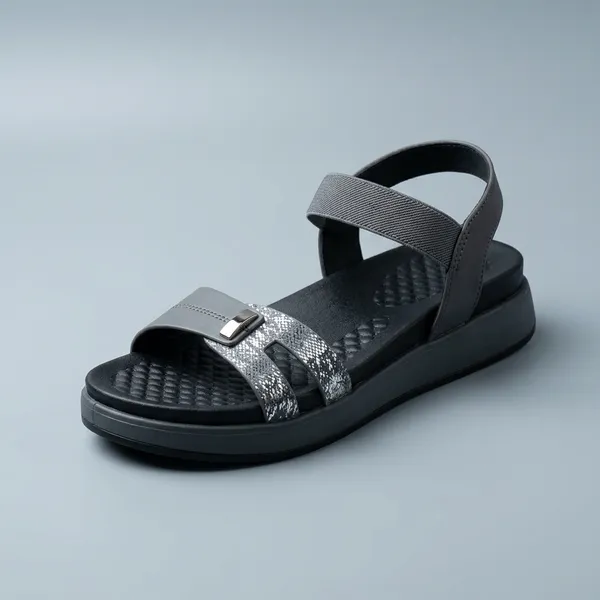 Womens_Black_Grey_Strappy_Sandals_Comfortable_Stylish_Daily_Wear_Textured_Footbed