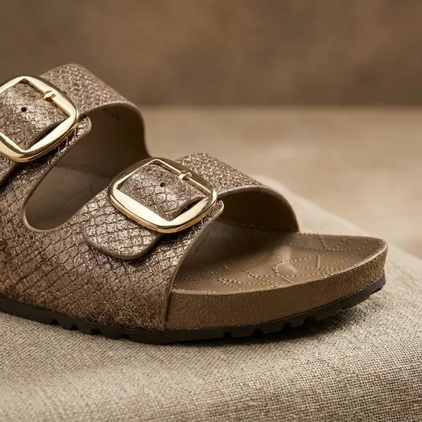 Womens_Dual_Buckle_Slide_Sandals_Bronze_Golden_Stylish_Comfortable_Casual_Wear