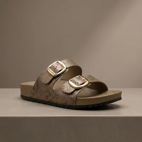 Womens_Dual_Buckle_Slide_Sandals_Bronze_Golden_Stylish_Comfortable_Casual_Wear
