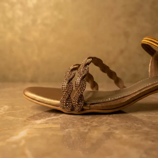 Gold_Toned_Braided_Strap_Kitten_Heel_Sandals_Stylish_Party_Wear_Comfortable_Elegant