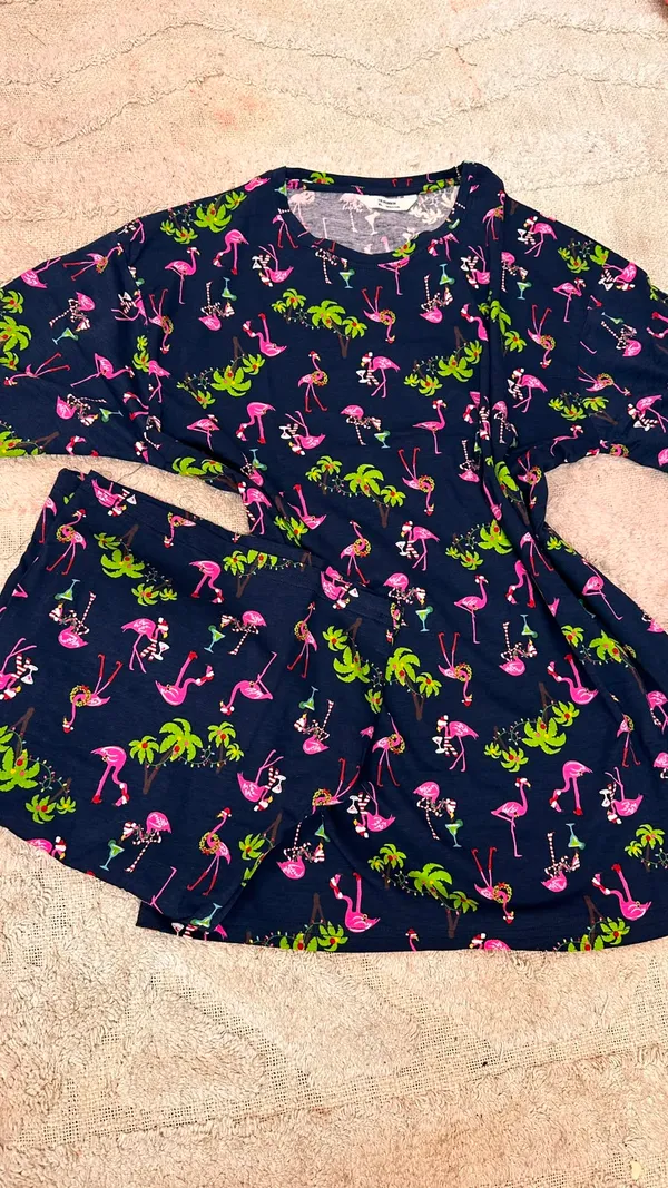 Navy_Blue_Cotton_Flamingo_Print_Oversized_T_Shirt_Shorts_Co_Ord_Set_For_Women