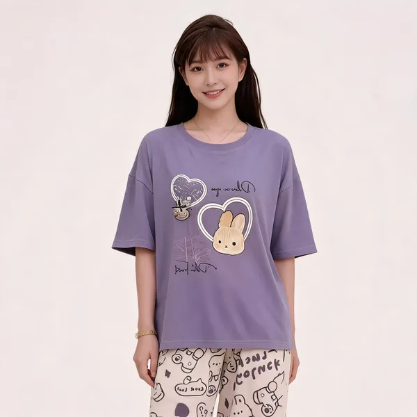 Purple_Cotton_blend_Rabbit_Print_Oversized_T_Shirt_Pajama_Set_for_Women