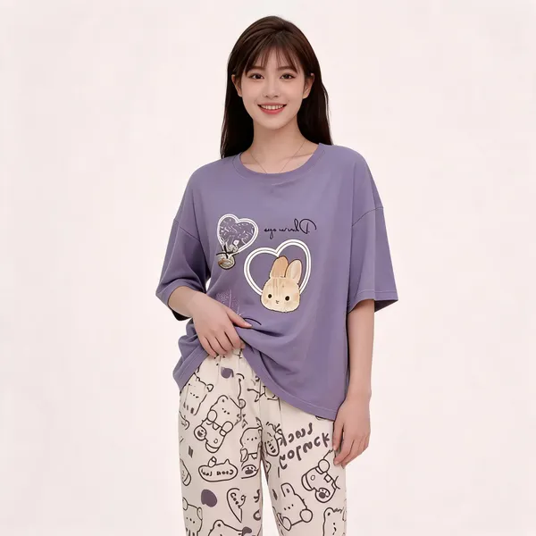 Purple_Cotton_blend_Rabbit_Print_Oversized_T_Shirt_Pajama_Set_for_Women