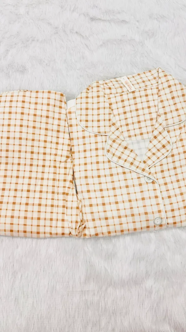 Beige_Cotton_Checkered_Notch_Collar_Night_Suit_For_Women