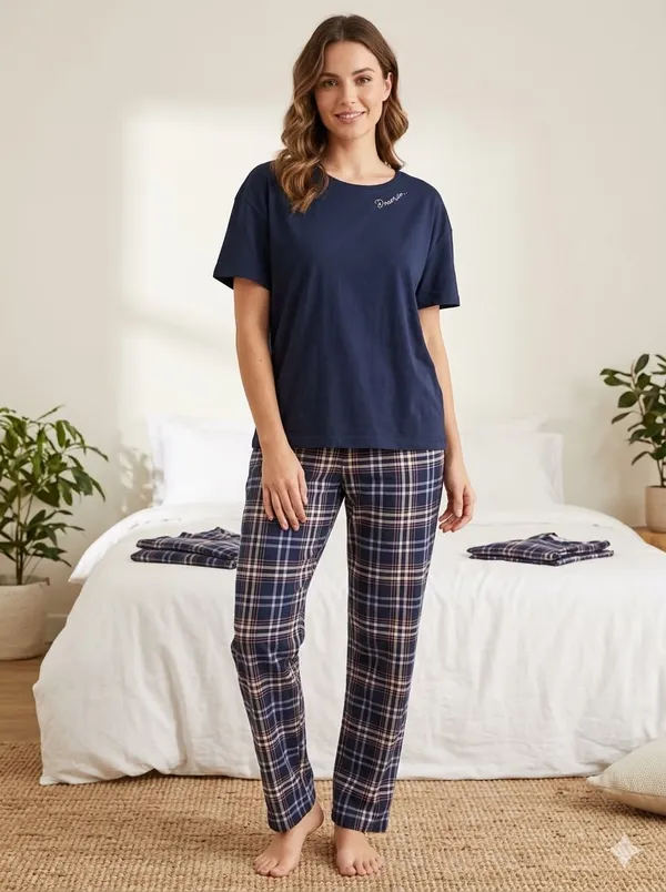 Navy_Blue_Cotton_Check_Print_Relaxed_Sleepwear_Set_For_Women