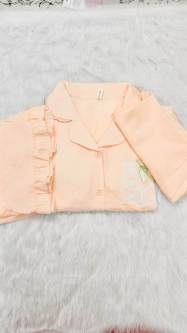 Padded_Peach_Cotton_Ruffle_3_piece_Night_Suit_Set_For_Women