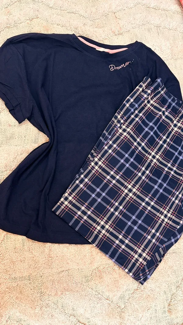 Navy_Blue_Cotton_Check_Print_Relaxed_Sleepwear_Set_For_Women
