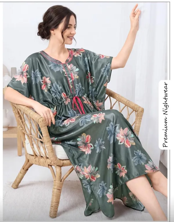 Dark_Green_Italian_Satin_Floral_Print_Loose_Fit_Nightdress_For_Women