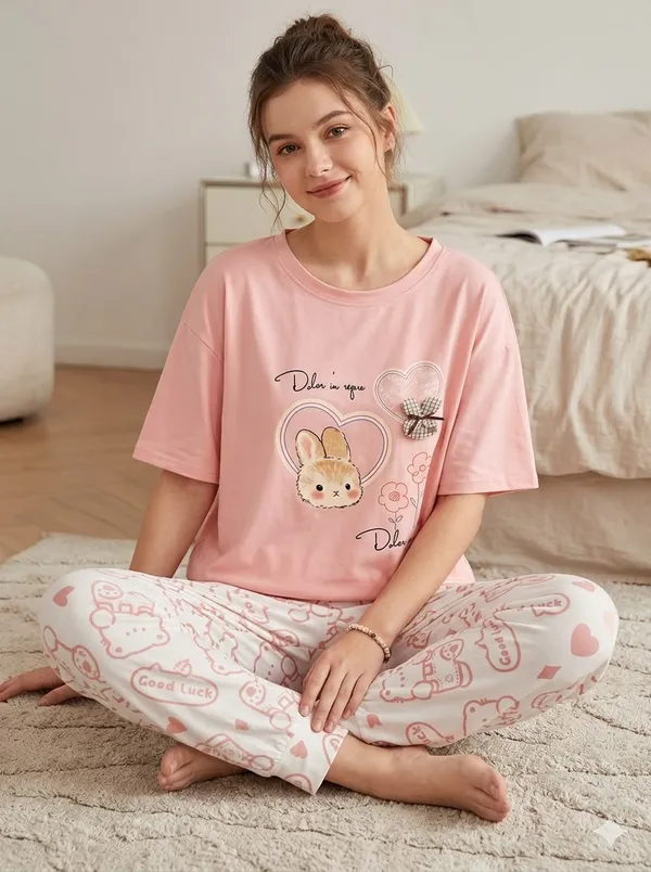 Pink_Cotton_Bunny_Print_Round_Neck_Night_Suit_For_Women