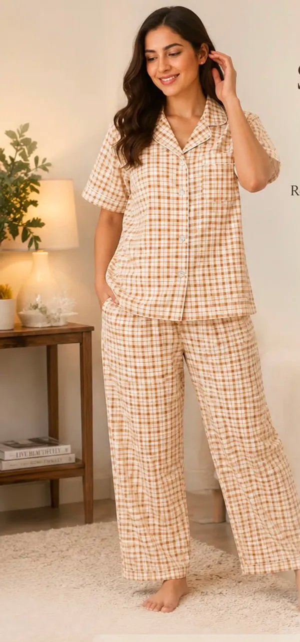 Beige_Cotton_Checkered_Notch_Collar_Night_Suit_For_Women