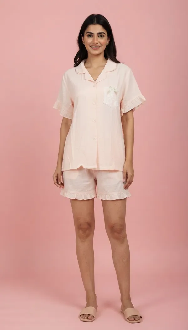 Padded_Peach_Cotton_Ruffle_3_piece_Night_Suit_Set_For_Women