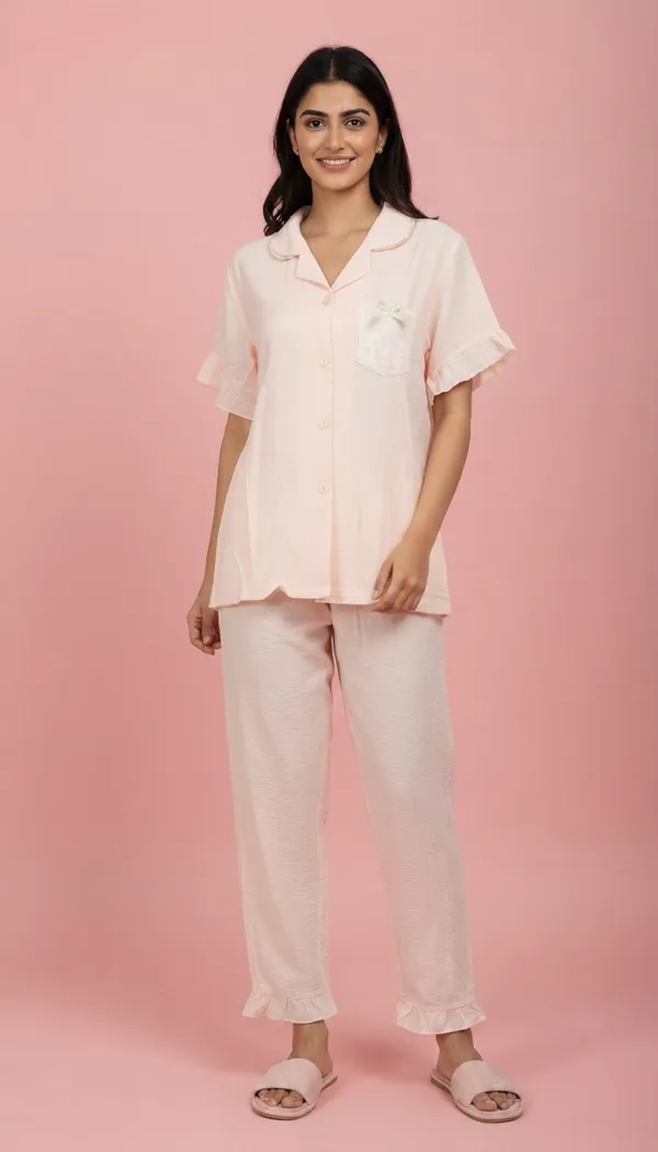 Padded_Peach_Cotton_Ruffle_3_piece_Night_Suit_Set_For_Women