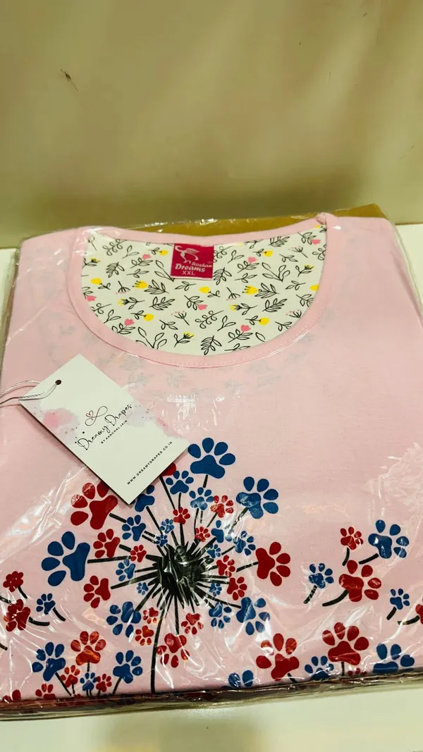 Pink__Dandelion_Print_Hosiery_Short_Nighty_For_Women