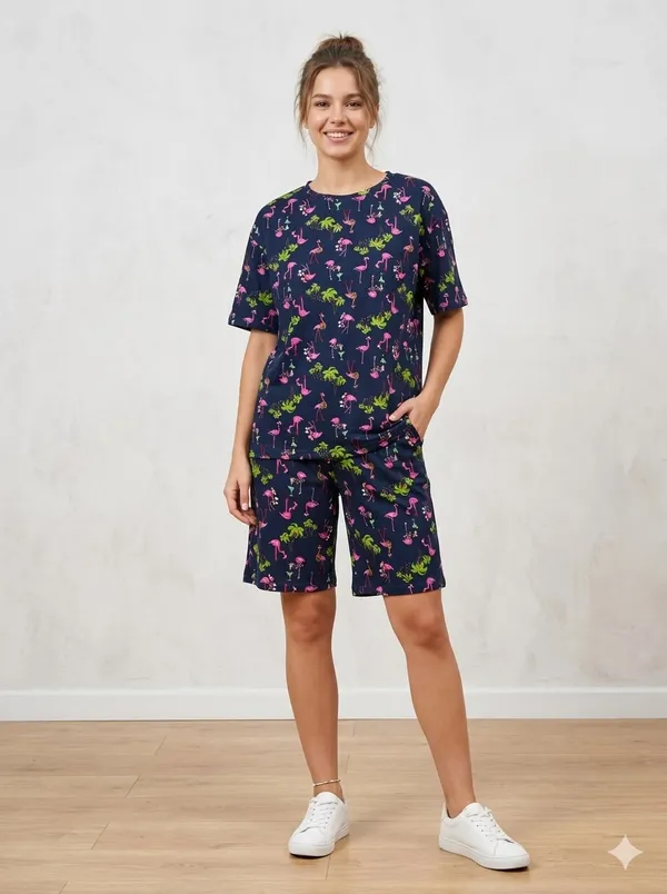 Navy_Blue_Cotton_Flamingo_Print_Oversized_T_Shirt_Shorts_Co_Ord_Set_For_Women