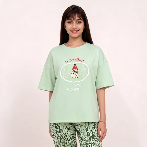 Green_Cotton_Blend_Oversized_Graphic_Print_T_Shirt_Pajama_Set_For_Women