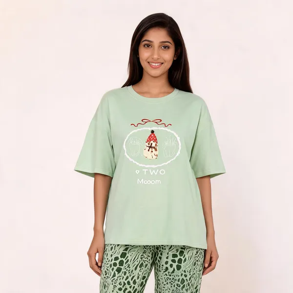Green_Cotton_Blend_Oversized_Graphic_Print_T_Shirt_Pajama_Set_For_Women