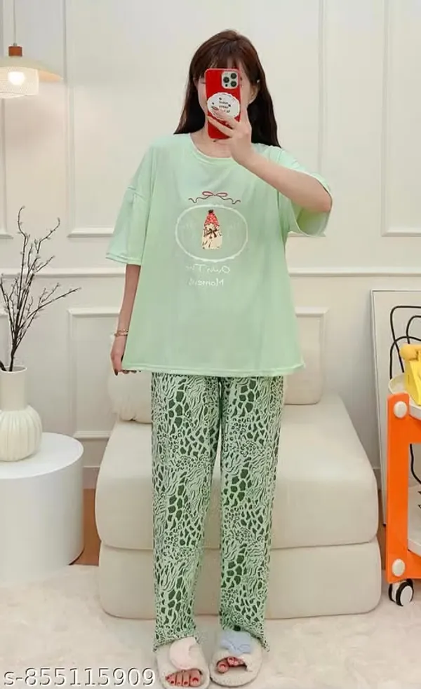 Green_Cotton_Blend_Oversized_Graphic_Print_T_Shirt_Pajama_Set_For_Women