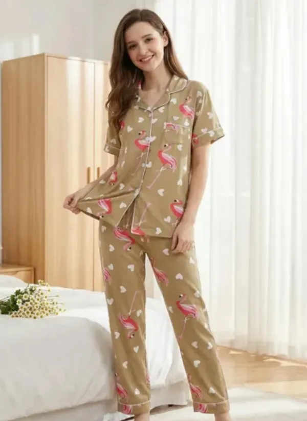 Beige_Cotton_Flamingo_Print_Notch_Collar_Night_Suit_Set_For_Women