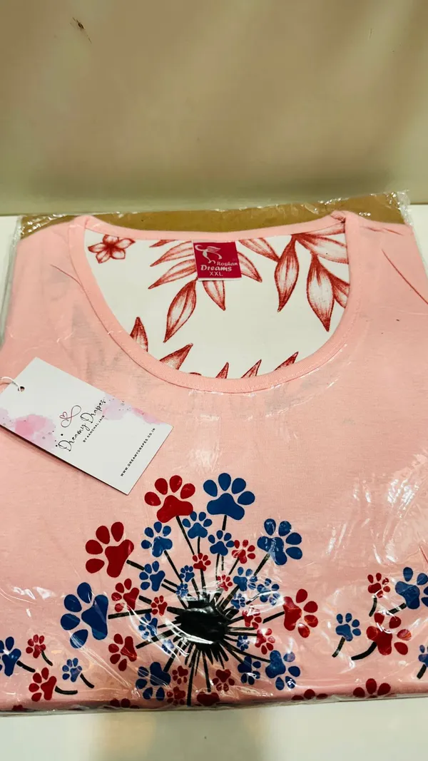 Pink_Cotton_Floral_Paw_Print_Round_Neck_short_Nighty_For_Women