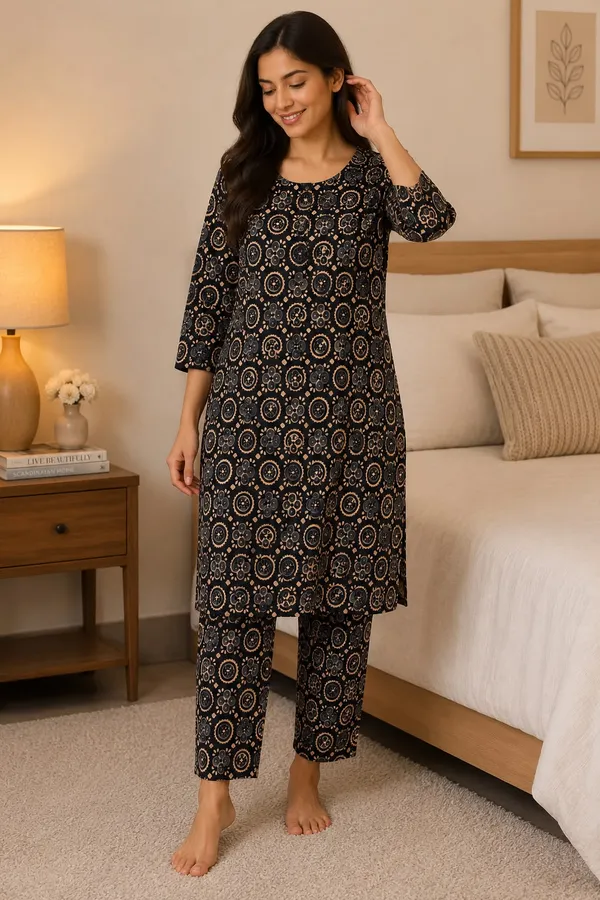 Black_Cotton_Medallion_Print_Straight_Kurta_Pyjama_Set_For_Women