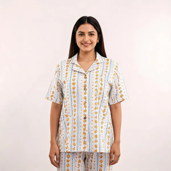 White_Cotton_Floral_Print_Braless_Pyjama_Set_For_Women
