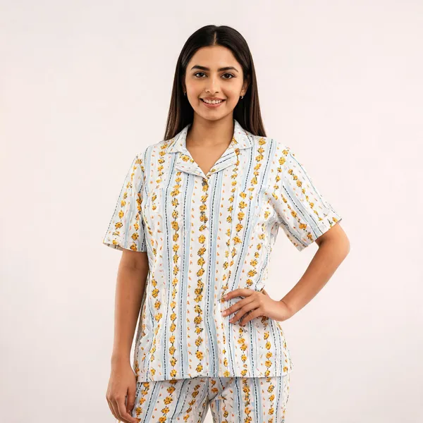 White_Cotton_Floral_Print_Braless_Pyjama_Set_For_Women