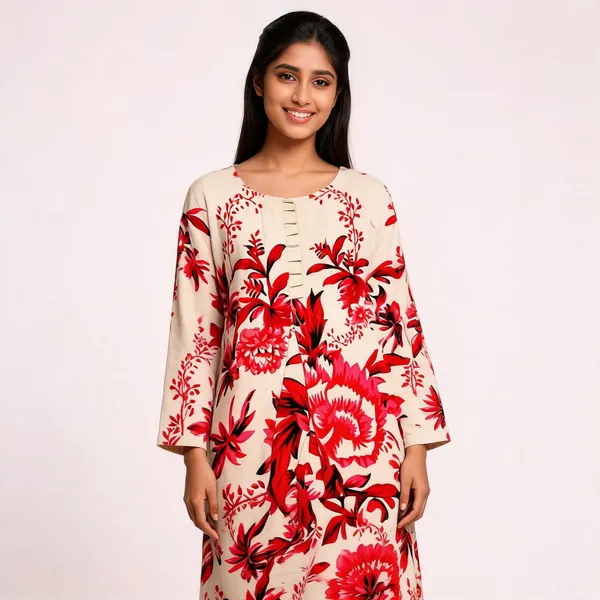 Red_White_Khadi_Cotton_Floral_Print_Night_Wear_For_Women