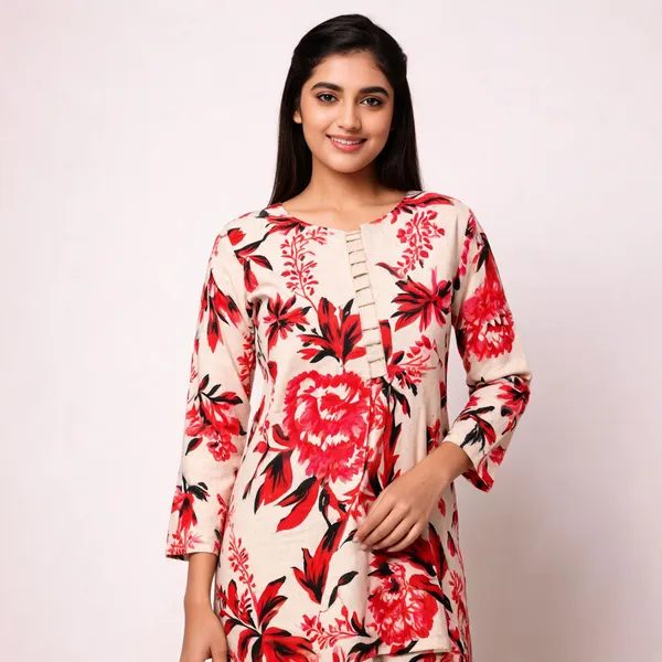 Red_White_Khadi_Cotton_Floral_Print_Night_Wear_For_Women